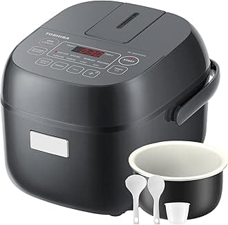 TOSHIBA Rice Cooker Small 3-Cup Uncooked– LCD Display with 8 Cooking Functions: Rice, Oatmeal, Mixed Grains and More, NonStick Inner Pot, Grey