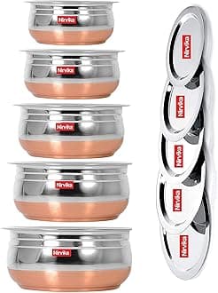 Stainless Steel Copper Handi With Lid Base Serving Bowls Handi Set of 5 Pieces Serving Bowl Set/Cookware Set/Sauce Pot and handis Size: 500 ML, 800 ML, 1000 ML,1200 ML,1500 ML, (Copper, Stainless