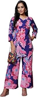 GRECIILOOKS Women's Rayon Printed Regular Fit Co Ord Sets (GL-W1705&TR798_Navy Blue_S)