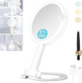 Makeup Mirror with Lights, 20X Magnifying Mirror with Light and Adjustable Brightness, Vanity Mirror with Lights and 3 Colors, 2 Sides Travel Mirror with Light, Tabletop Mirror for Home and Home