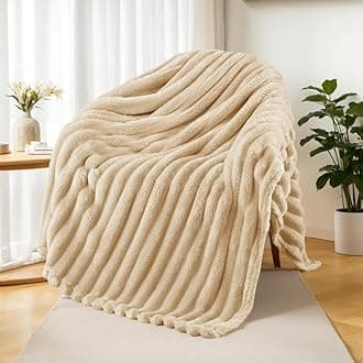 Exclusivo Mezcla Fleece Throw Blanket for Couch, Super Soft Striped Jacquard Bed Blanket, Lightweight Fuzzy Cozy for All Seasons, 50x60 Inches, Beige