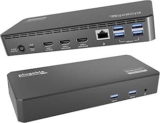 Plugable USB C Triple Display Docking Station with Laptop Charging, Thunderbolt 3 or USB C Dock Compatible with Specific Windows Systems (3X HDMI, 6X USB Ports, 60W USB PD)