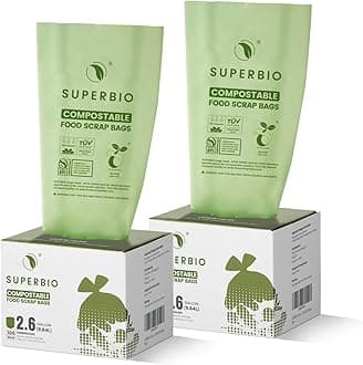 SUPERBIO 2.6 Gallon Flat Top Compostable Food Waste Bags, 100 Count, 2 Pack,9.84L, Food Scrap Bags, BPI Certified and OK compost INDUSTRIAL