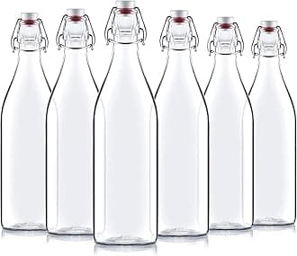 Bormioli Rocco Giara Swing ROUND Clear Glass Grolsch Flip Top Bottle with Stopper 33 Ounce/1 L (6 Pack)
