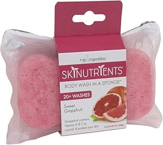 Skinutrients Moisturizing Body Wash in a Sponge, 20+ washes, 3.5 oz, Sweet Grapefruit with Bonus Travel Bag, 1 Count