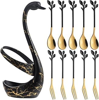 Black Swan Base Holder Set with 10 Pcs 4.7" Mini Black & Gold Leaf Teaspoons & Dessert Forks - Perfect for Appetizers,Salads,Cakes,Fruits,Tea,Espresso - Beautify Your Charcuterie Board Layout