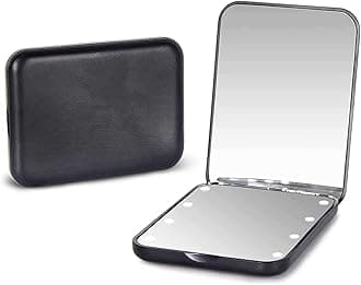 Kintion Pocket Mirror, 1X/3X Magnification LED Compact Travel Makeup Mirrors with Light for Purse, 2-Sided, Portable, Folding, Handheld, Small Lighted Mirror for Gift, Black