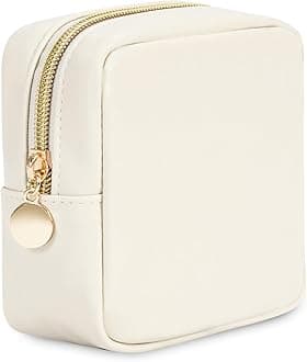 Wandering Nature Small Makeup Bag for Purse Mini Make up Pouch Cute Cosmetic Pouch for Women with Slip-in Pockets Matte Leather, Milky White