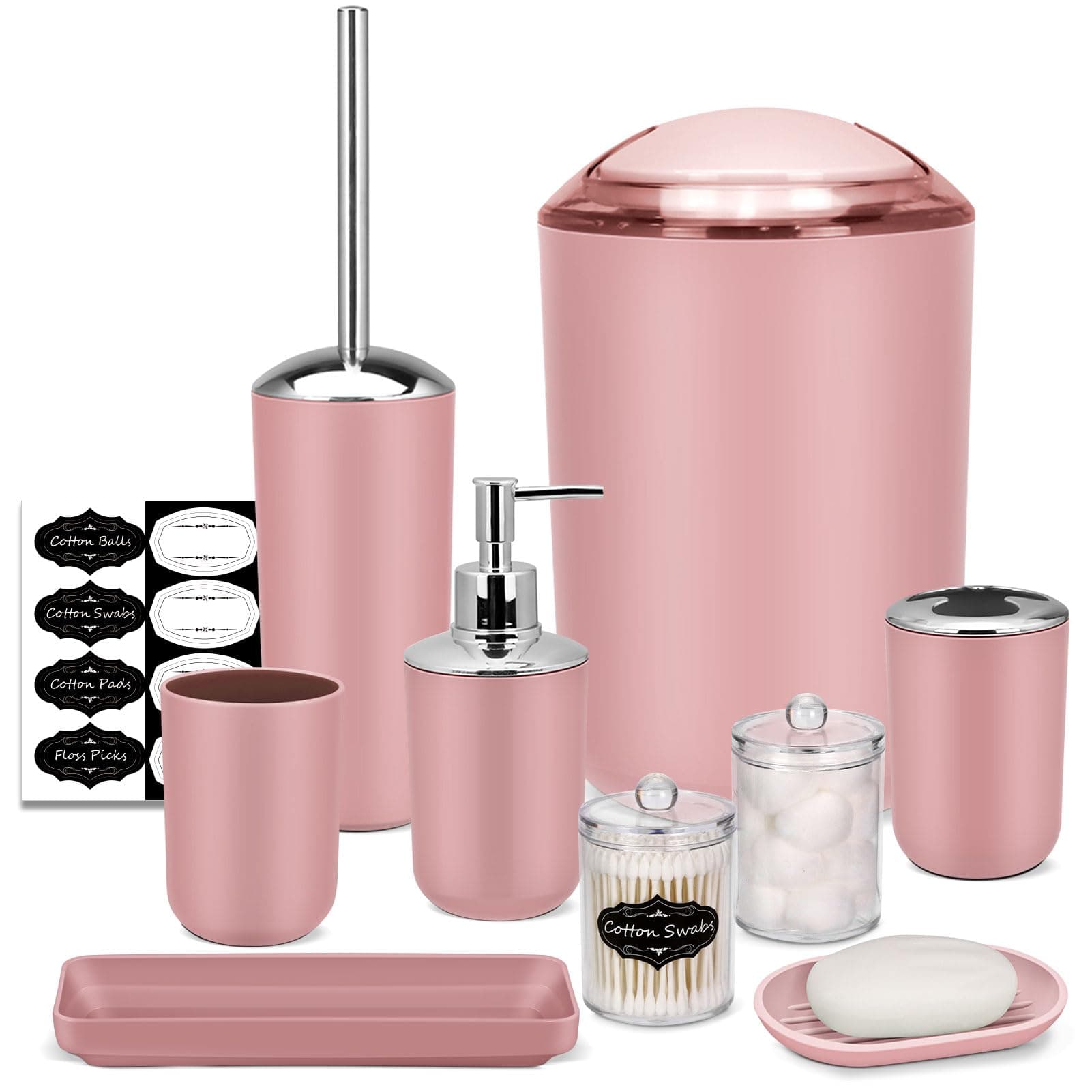 IMAVO Bathroom Accessories Set,Pink Bathroom Set,9 Pieces Bathroom Accessory Set,Tray,Qtip Holders,Toilet Brush,Trash Can for Bathroom Décor and Home Gifts