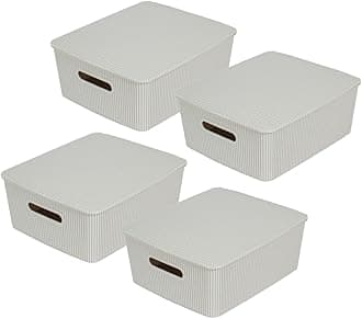 Storage Baskets with Lids - Set of 4 Stackable Plastic Boxes with Handles - Decorative Shelf Organizer Bins for Bathroom and Closet, Grey, 3.1 Gallons