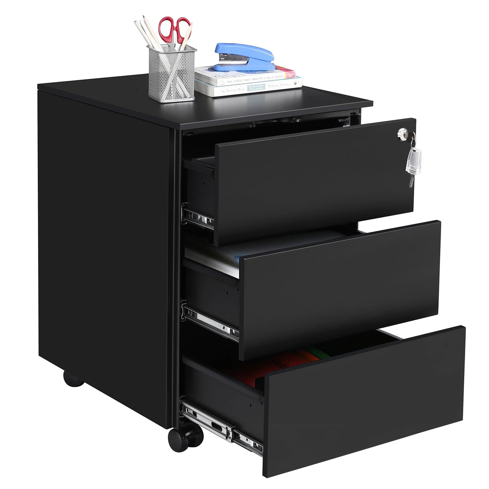SONGMICS Mobile File Cabinet, Lockable, with 3 Drawers, Hold Documents, Stationery, Pre-Assembled, for Office, Home Office, 39 x 45 x 55 cm, Black OFC63BK