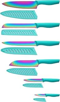 Marco Almond Kitchen Knife Set, KYA37 12-Piece Rainbow Titanium Stainless Steel Boxed Knives Set for Kitchen with Covers, 6 Knives with 6 Blade Guards