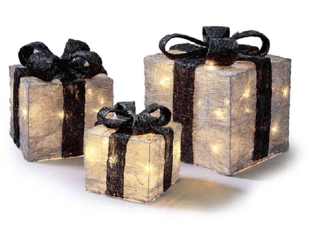 Premier Decorations Set x3 LED Lit Parcels/Gifts Silver/Black Christmas Lights Indoor/Outdoor