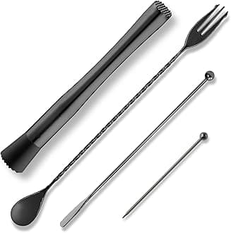 Homestia4PCS Double-Headed Muddler Set, 10 Inch 304 Stainless Steel Cocktail Muddler for Mojito and Fruit Drinks, Home Bar Tool Set of Bar Spoon Swizzle Stick Cocktail Pick Black