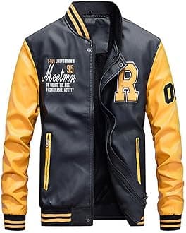 Men's Faux Leather Jacket Casual Baseball Stand Collar Slim Fit Coat