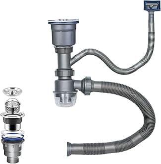 QruiLanTu One Sink Kitchen Drainage Kit Space Saving Flexible Drain Pipe Flexible P-Trap Drain Strainer with 3-1/2 Inch Kitchen Sink Drain Assembly kit，Suitable for Kitchen, Bathroom, RV