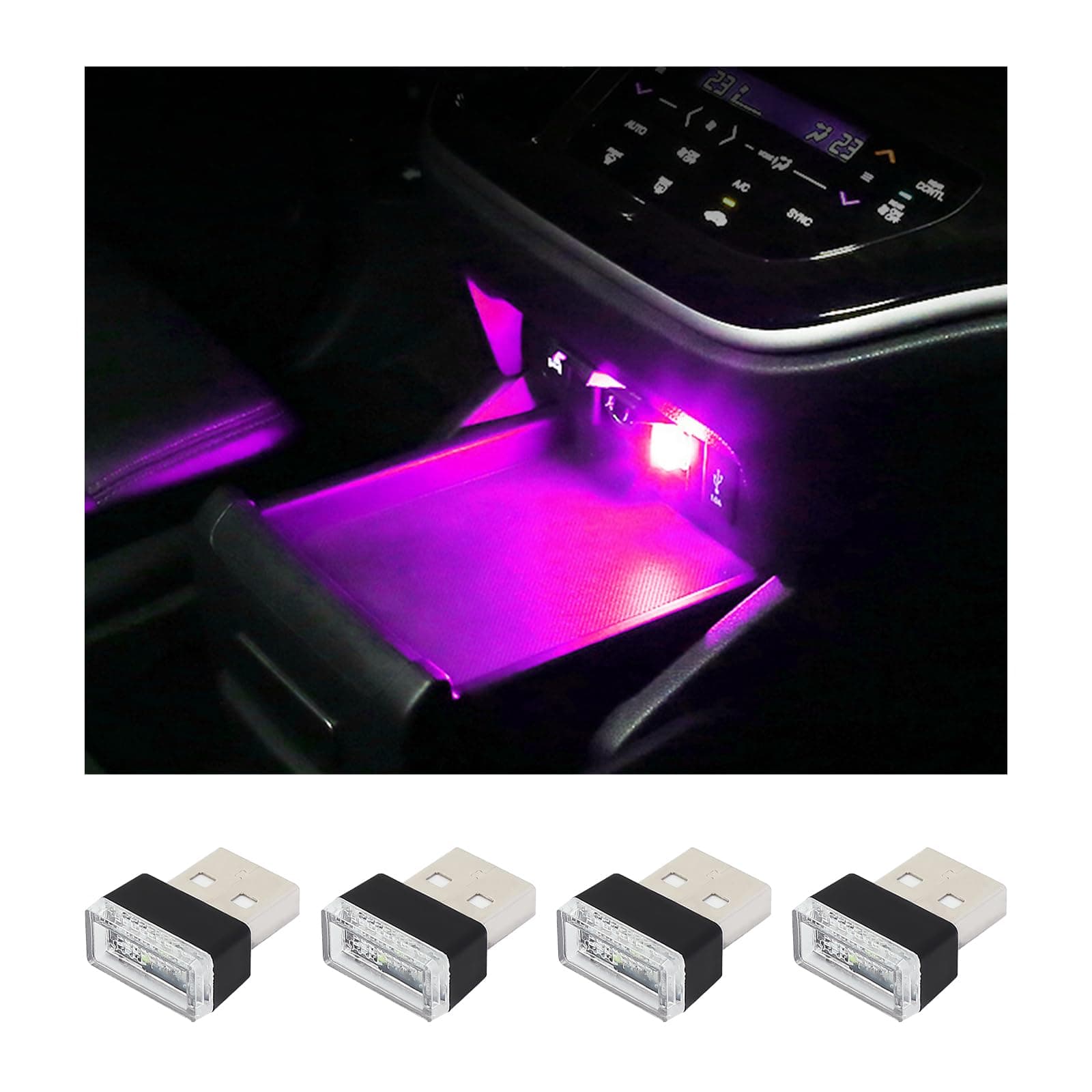 4 PCS USB LED Car Interior Atmosphere Lamp, Plug-in USB Decor Night Light, Portable Auto Ambient Lighting Kit, Universal Vehicle Interior Accessories for Most Cars (Purple)