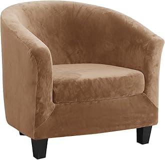 MIFXIN Tub Chair Slipcover 2-Piece Velvet Barrel Club Chair Covers with Cushion Cover Stretchy Soft Washable Armchair Sofa Couch Furniture Protector for Living Room Hotel Counter Cafe (Tan)