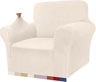 Granbest High Stretch Armchair Covers Super Soft Chair Covers for Living Room Jacquard Sofa Cover for Dogs Non Slip Chair Slipcover with Arms Furniture Protector (1 Seater, Light Beige)