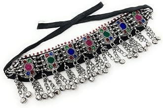 Duel On Jewel Women’s Afghan Tribal Choker Necklace, Antique Oxidized Metal with Multicolor Glass Beads, Engraved Coins, and Dangling Metal Bead Charms, Bohemian Belly Dance Indian Festival Jewelry