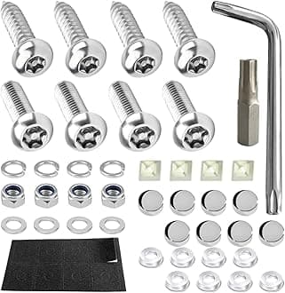 YALOK Anti Theft License Plate Screws Kits- Rustproof Stainless Steel Car Tag Plate Mounting Hardware, M6 (1/4") Tamper Proof Fastener Nut, Caps Cover for Front Rear Frame Holder Mounting（Silver-Set1）