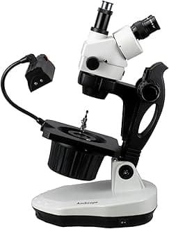 AmScope GM400TY Trinocular Gemology Stereo Zoom Microscope, WH10x Eyepieces, 7X-90X Magnification, 0.7X-4.5X Zoom Objective, Halogen and Fluorescent Lighting, Inclined Pillar Stand, 110V-120V, Includes 2.0X Barlow Lens