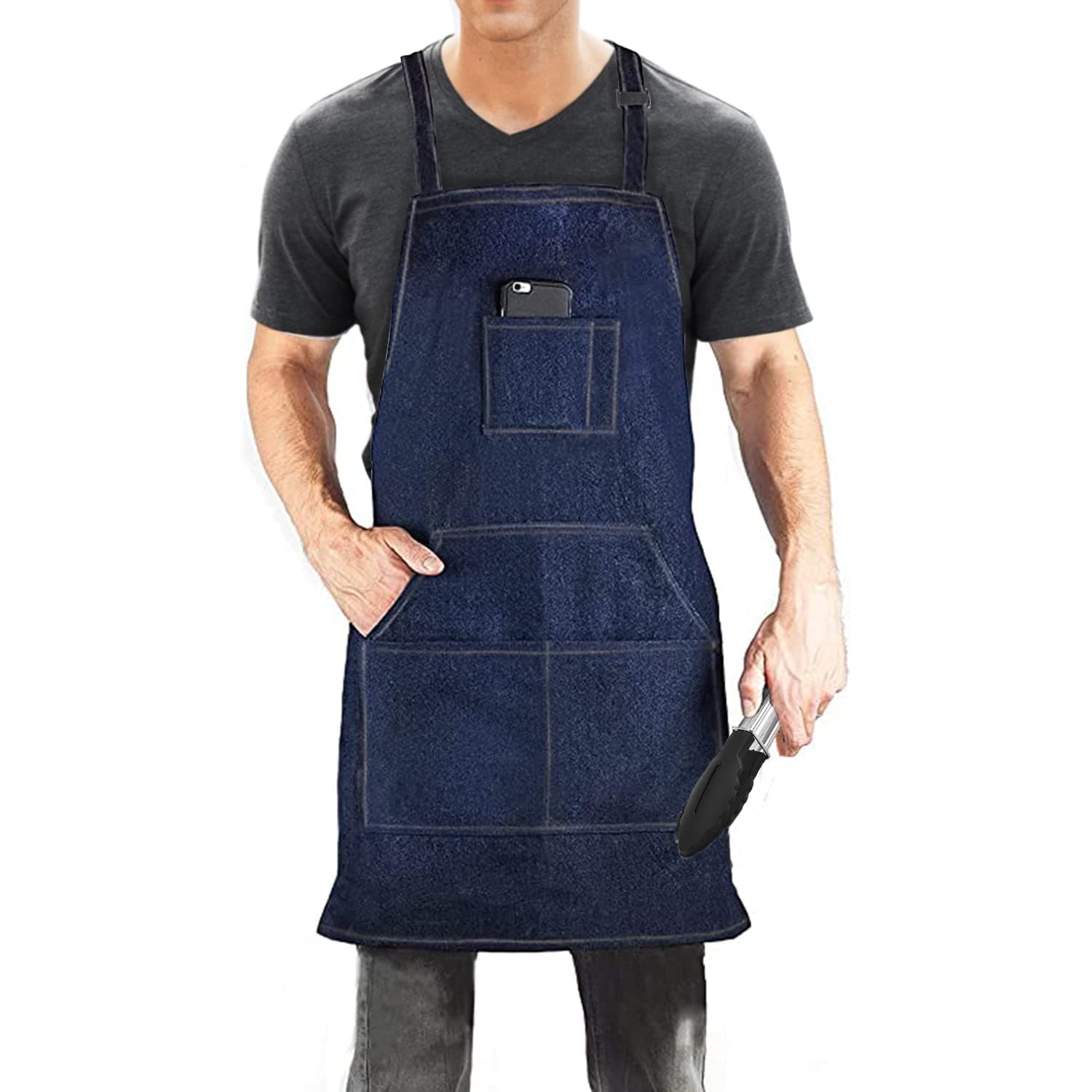 Denim Jean Tool Apron with 4 Pockets Waterproof Adjustable Canvas Lightweight Work Apron Blue