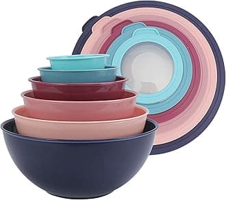 Mixing Bowls with TPR Lids - 12 Piece Plastic Nesting Bowls Set includes 6 Prep Bowls and 6 Lids, Microwave Safe Mixing Bowl Set (Multicolored Set with Large Blue Bowl)