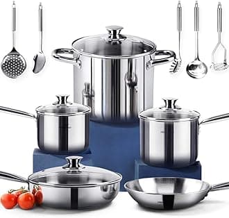HOMICHEF 14-Piece Nickel Free Stainless Steel Cookware Set - Nickel Free Non-Toxic Stainless Steel Pots and Pans Set - Healthy Induction Cookware