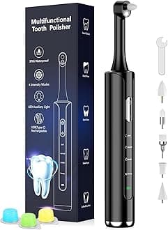 Tooth Polisher, Rechargeable Teeth Polisher with 5 Brush Heads, 4 Speed Modes, Tooth Whitening for Cleaning and Polishing, LED Light, 3 Polish Pastes, IPX6 Waterproof Teeth Cleaning Tools, Black
