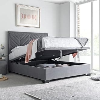Happybeds Ottoman Storage Bed, Watson Grey Velvet Fabric Ottoman Storage Bed, Double, Super King Sizes