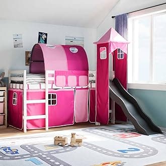 vidaXL Kids' Loft Bed with Tower & Slide - Pink Polyester Curtains, Solid Pine Wood Frame, 205.5x93x113.5 cm - For Children's Room