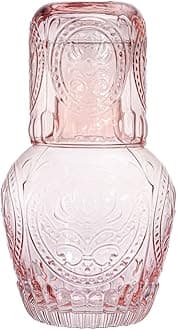 Retro Relief Glass Bedside Night Water Carafe with Tumbler Glass, Pitcher And Cup Night Set-Pink