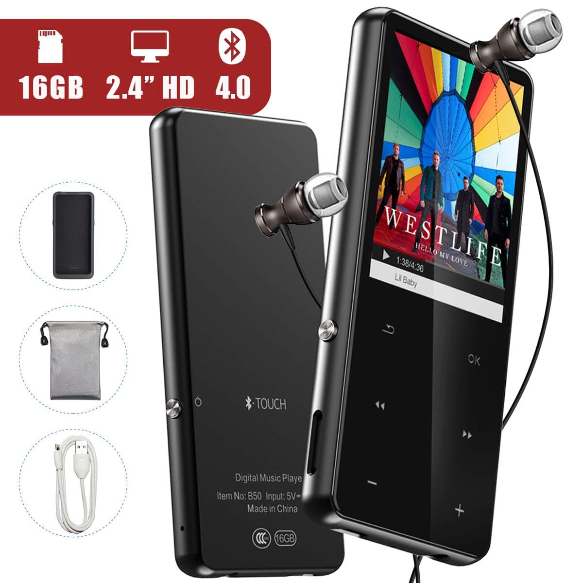 MP3 Player with Bluetooth 4.0, 2.4'' Large HD TFT Screen Metal Hifi Sound 16GB MP3 Players Music Players with Speaker & FM Radio, Digital MP4 Player, Support 128 GB SD Card