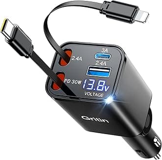 GritinRetractable Car Charger, 69W Super Fast 4 in 1 USB C Car Charger Adapter with Smart Device-Adaptive Charging Technology&Instant Voltage Display, Accessories for iPhone17 16 Pro Max,iPad -Black