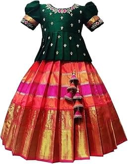White Button Girls Polyester Blend New South Indian Traditional Pattu Pavadai Jecquard Readymade Lehenga Choli Dress