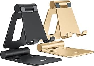 NULAXY Dual Folding Phone Stand for Desk 2 Pack, Fully Adjustable Mobile Phone Holder Desktop Compatible with iPhone 14 13 12 11 Xs Xr X 8, HUAWEI, Samsung, All Smartphones, Black & Gold