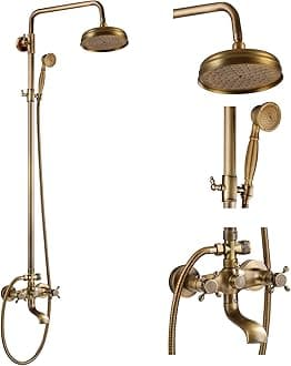 Antique Brass Shower Fixture 8 Inch Rainfall Shower Head with Handheld Spray Dual Knobs Mixer Bathroom Triple Function Double Knobs Shower Combo Set Wall Mount