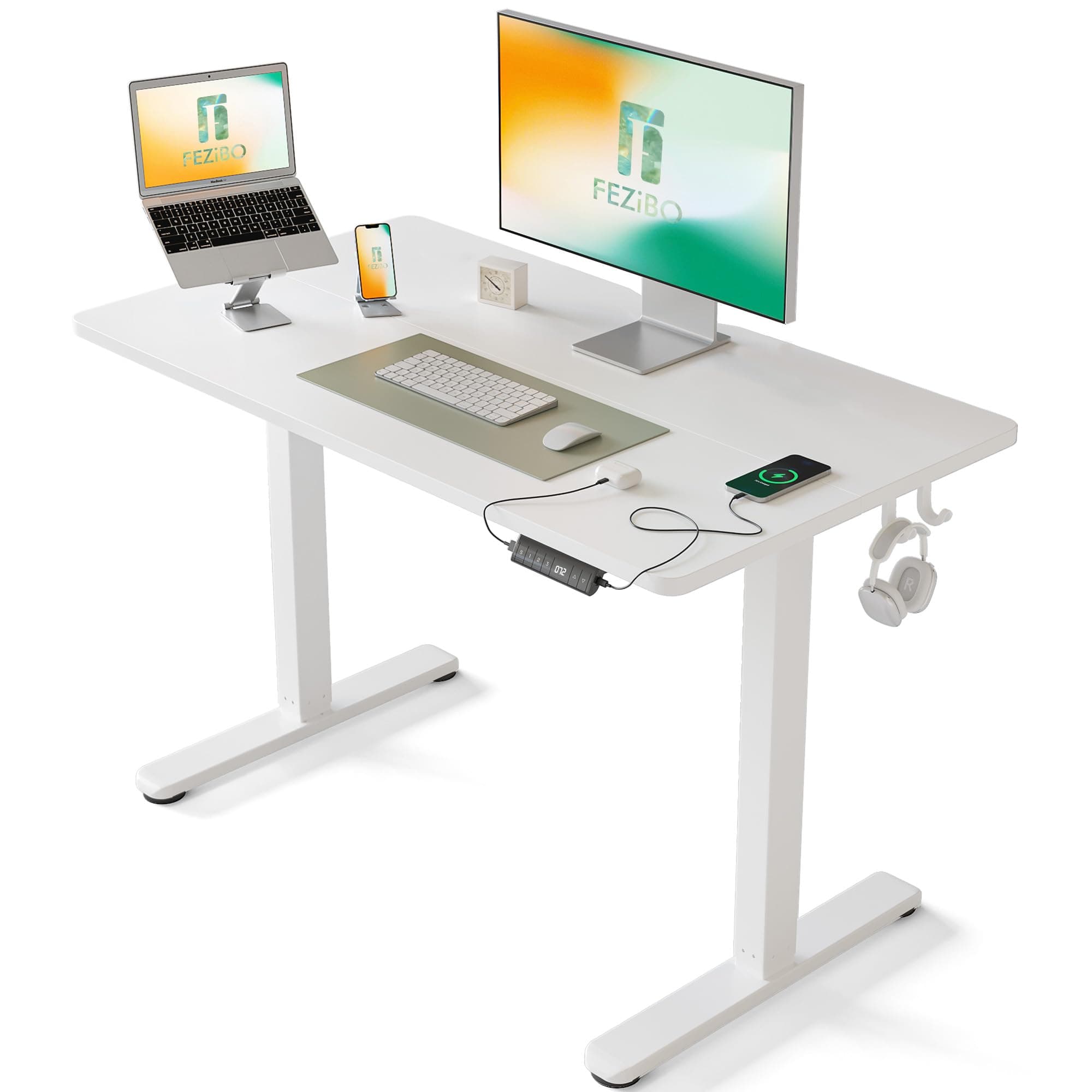 Height-Adjustable Electric Desk with USB-A and USB-C Charging Ports, 100 x 60 cm, Sit-Standing Desk, White