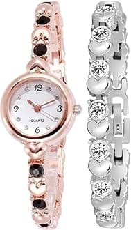 Acnos® Premium Girl's Special Quality Different Heart Shape Bangle Analog Watch with Rose Gold Bracelet - Pack of 2