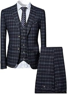 Mens 3 Piece Slim fit Checked Suit Blue/Black Single Breasted Vintage Suits