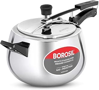 Borosil Pronto Induction Base Inner Lid Stainless Steel Pressure Cooker, 6.8 mm Thick Base, 6.5Liters