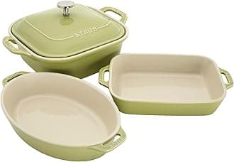 Ceramic 4-pc Baking Pans Set, Casserole Dish with Lid, Brownie Pan, Light Green