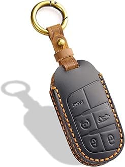 Leather Key Fob Cover, Compatible with Jeep Grand Cherokee Renegade Compass Chrysler Dodge RAM Durango Challenger Journey Dart Fiat, No Screw Design Key Holder Protector (Black)