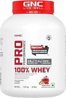GNCPro Performance 100% Whey Protein Powder | Boosts Strength & Endurance | Builds Lean Muscles | Fastens Muscle Recovery | Formulated In USA | 24g Protein | 5.5g BCAA | Kesar Pista | 4 lbs