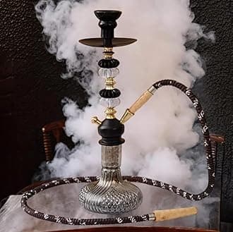 Traditional Glass Hookah with Ornate Design, Double Hose, Black and Gold Accents