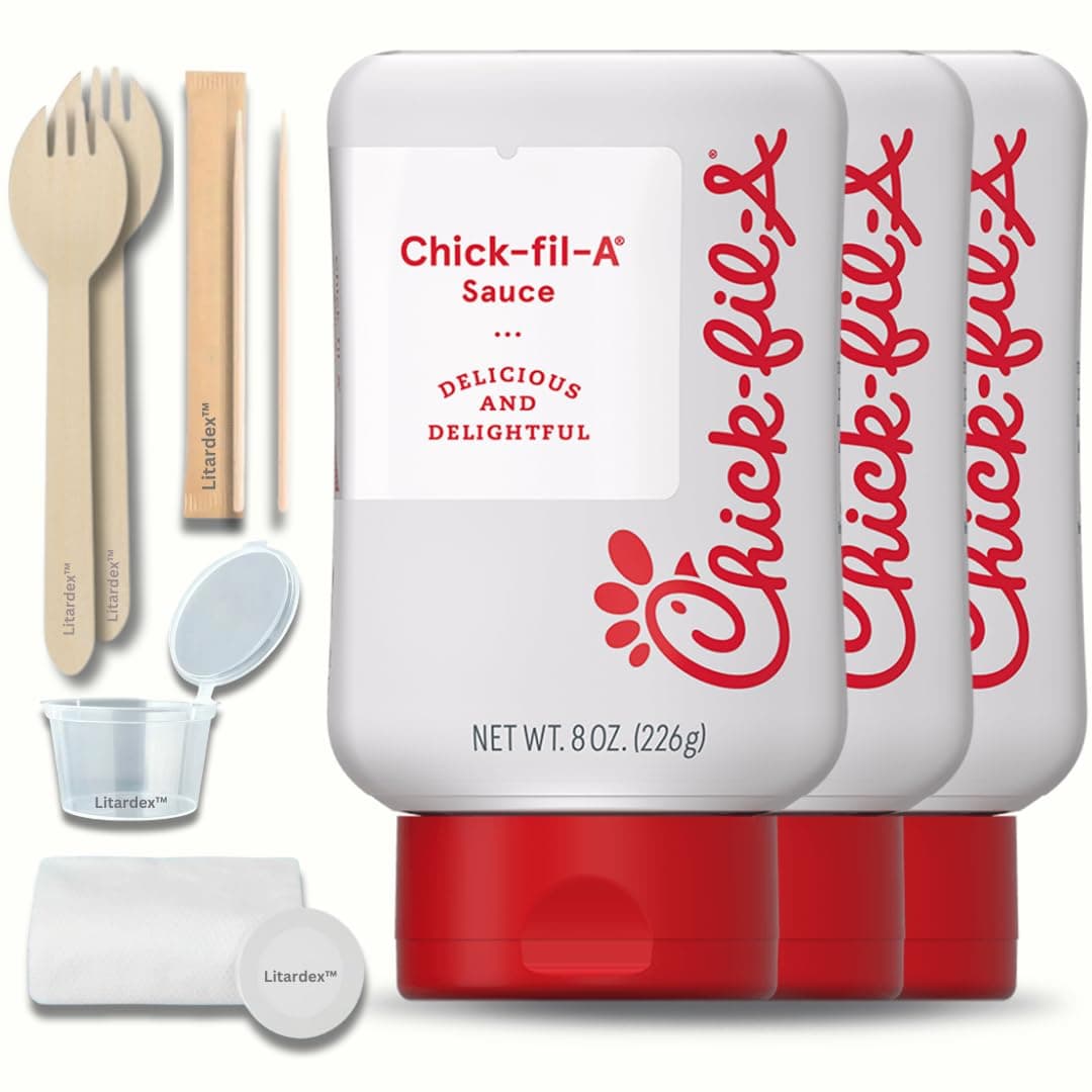 Chick-Fil-A Sauce 8 oz 3pk Squeeze Bottle Bundle Wooden Sporks, Dipping Cup, Compressed Towel, and Toothpicks (5 Items)