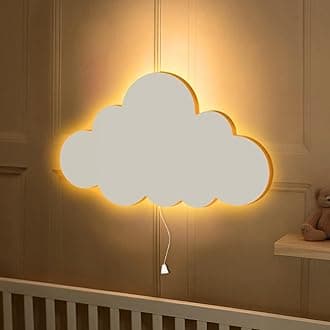 Marco Paul Modern Wooden White Cloud Shaped LED Night Light ‎Battery Powered Night Light Kids Childs Room Decor Wall Lights Wall Mounted Nursery Bedside Lamp Baby Gifts Bedroom Decor Lighting