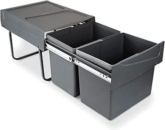 Emuca - Waste containers with lower fixing for kitchen, 2 removable 15L recycling bins, total capacity 30 L (2 x 15 L), steel and plastic, anthracite grey.