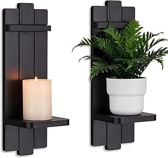 Wall Candle Holders Set of 2: Wooden Candle Sconces Vingtage Wall Art Decor (Black)